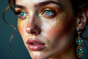 Close-Up Portrait of Woman with Sparkling Makeup Shedding Tears of Gold