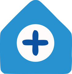 Obraz premium A simple blue house icon with a white circle containing a bold blue plus sign in the center representing healthcare or medical services