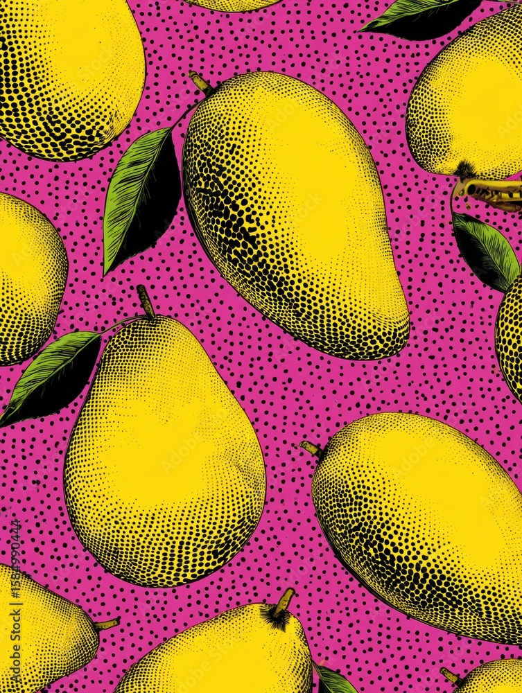 Poster bright pop art style mangoes create a lively pattern with halftone texture against a vibrant pink ba