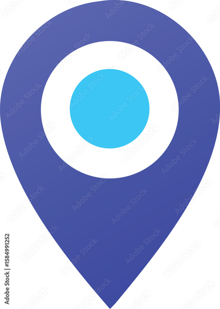 Poster a stylized blue location pin icon with concentric circles in white and bright cyan representing a de