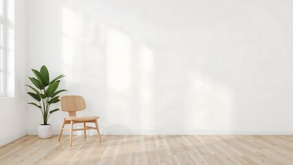 Minimalist interior with a wooden chair and potted plant against a white wall