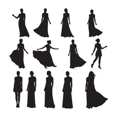 Collection of elegant women s dresses and poses silhouette isolated on white background