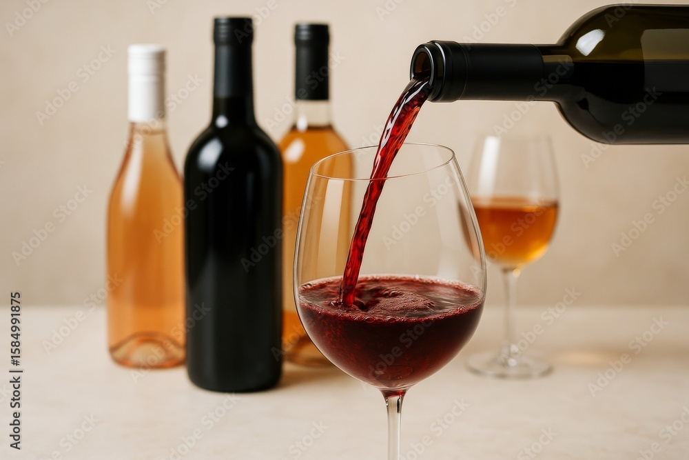 Poster red wine being poured into a glass with assorted wine bottles and glasses in the background on light