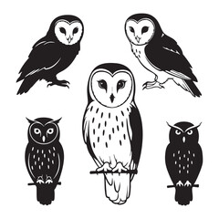 Collection of five owl silhouettes isolated on white background