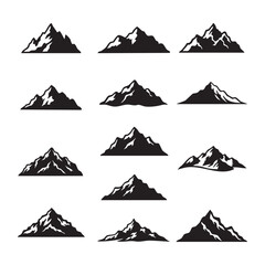 Collection of jagged mountain peaks silhouette isolated on white background