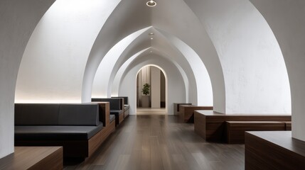 Compact reading corridor framed by matte white arches and dark wood bench seating ambient bounce light with fine texture