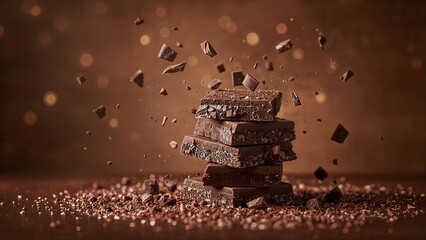 Delicious dark chocolate pieces falling and stacked with bokeh background