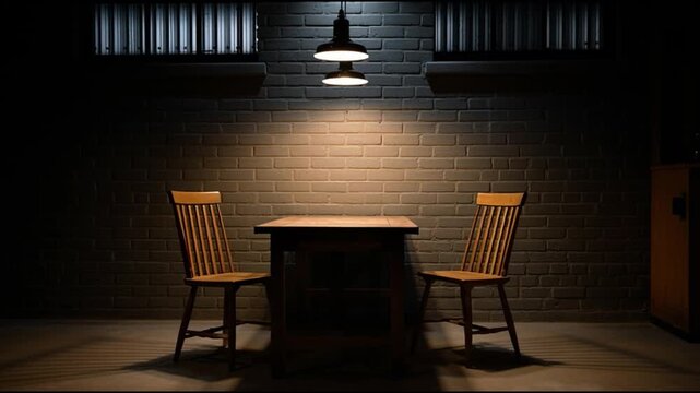 Under the Spotlight: An intense and dramatic scene unfolds, a single overhead light illuminating a table and two chairs, casting stark shadows against the textured brick wall.