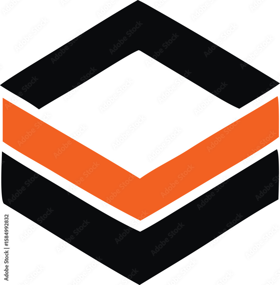 Poster abstract geometric logo design featuring interlocking black and orange chevron shapes on a white bac