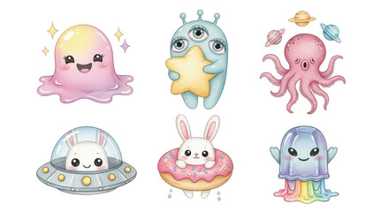 Whimsical watercolor alien creatures and bunny characters create a fun, colorful composition on a transparent background perfect for children's designs.