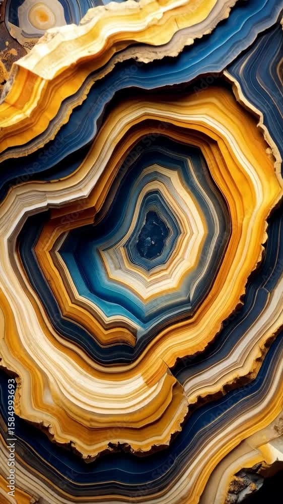 Poster abstract concentric mineral layers pattern in blues, gold and cream creates a mesmerizing effect wit