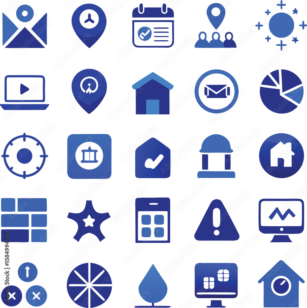 Poster collection of blue digital interface icons representing various functions like navigation location c