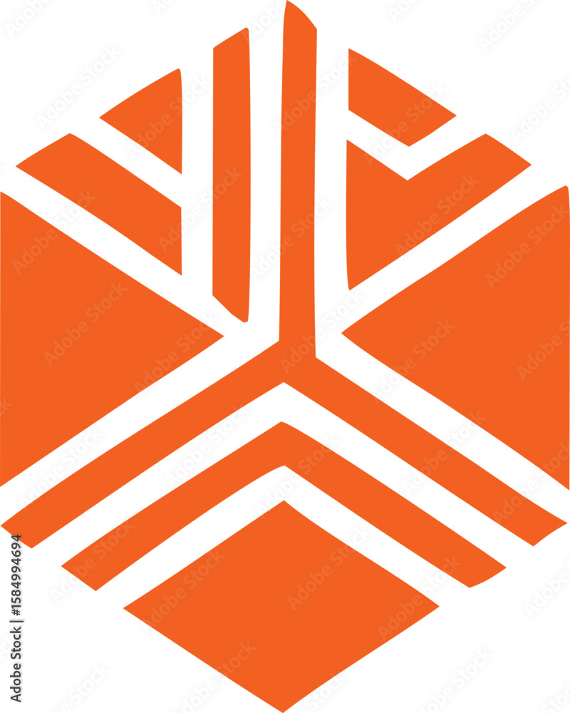 Poster abstract geometric hexagon logo design with radiating orange and white lines creating a modern and d