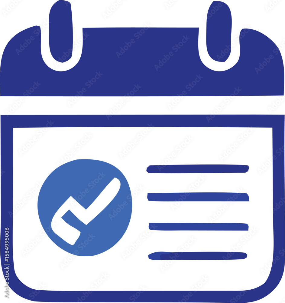 Poster a simplified blue calendar icon with a checkmark inside a circle and horizontal lines representing t