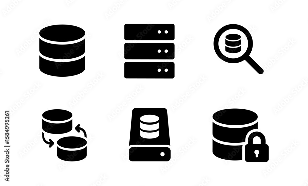 Poster minimalist black database icons set for technology and data management
