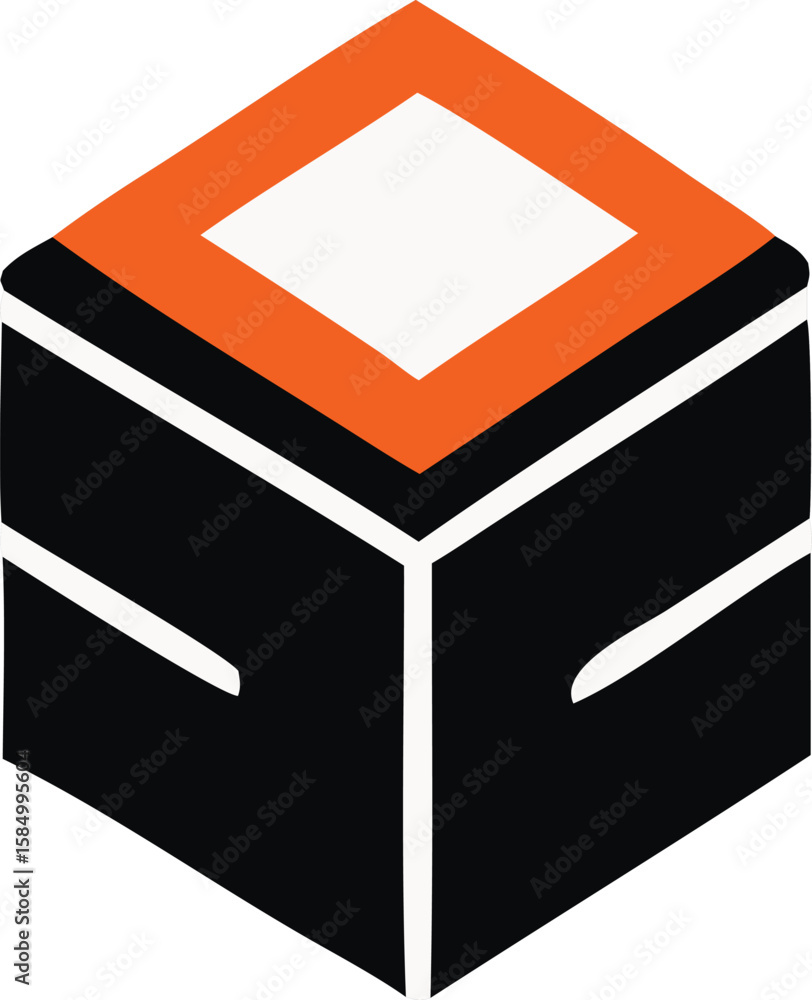 Poster geometric abstract design featuring a stylized cube with orange black and white segments creating a 