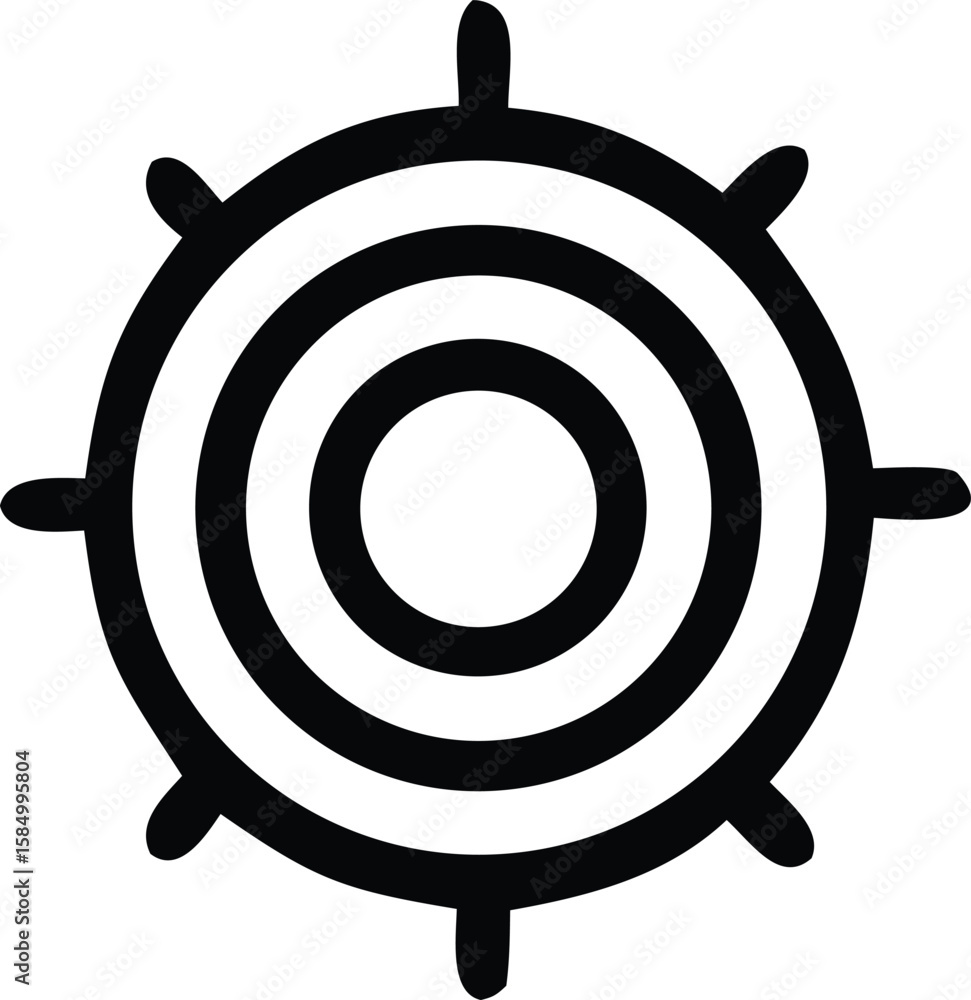 Poster a stylized black and white target symbol with radiating lines and concentric circles representing a 