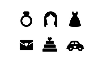 Wedding icons set featuring ring, dress, cake, and car in silhouette style