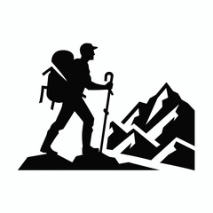 The image is a black and white silhouette of person hiking up a. Cartoon Clipart Vector Illustration Line Art Illustration. .