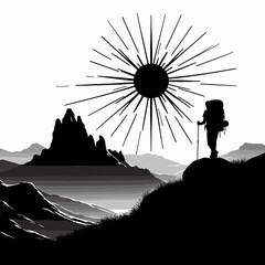 The image is a black and white illustration of person standing on a. Cartoon Clipart Silhouette Vector Line Art Illustration. .