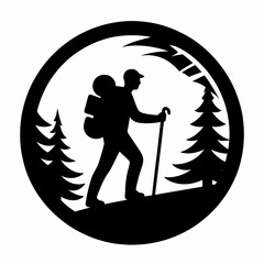 The image is a black circle with silhouette of person hiking. Cartoon Clipart Vector Illustration Line Art Illustration. .