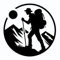 The image shows a black silhouette of hiker with backpack and walking stick on background mountains and. Cartoon Clipart Vector Illustration Line Art Illustration. .