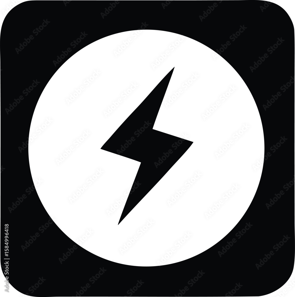 Poster bold black lightning bolt symbol centered within a white circle all enclosed by a rounded black squa