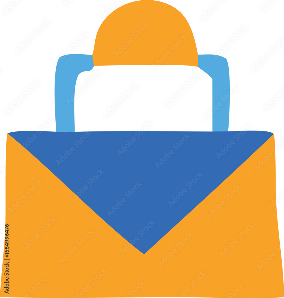 Poster stylized illustration of an open envelope with a curved flap and two blue handles set against a whit