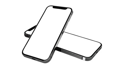 Two modern smartphones overlapping with blank white screens displayed on a plain white background surface