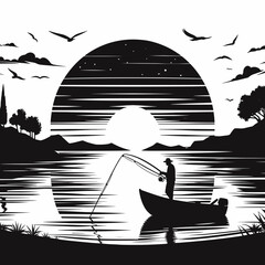 The image shows a man fishing in boat on a. Cartoon Clipart Silhouette Vector Illustration Line Art Illustration. .