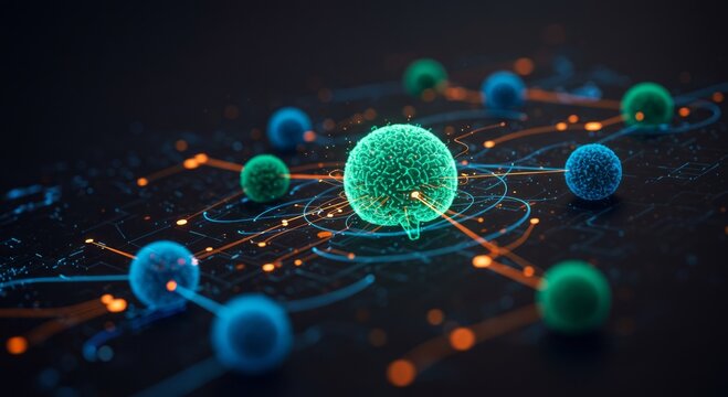 Abstract neural network connections with glowing spheres and data streams