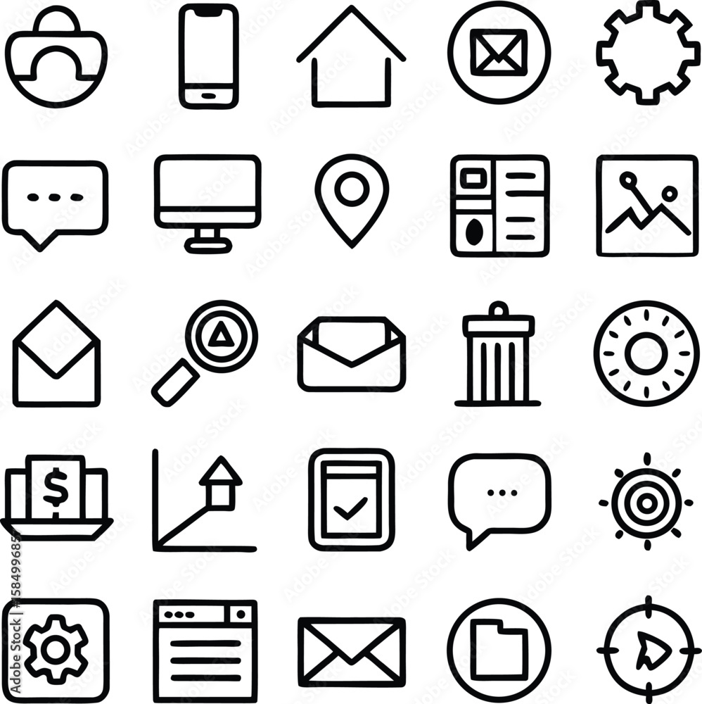 Poster a collection of simple hand drawn black and white icons representing various digital and everyday co