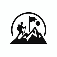 The image shows a person hiking up mountain. Cartoon Clipart Silhouette Vector Illustration Line Art Illustration. .