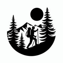 The image shows a person hiking in mountains. Cartoon Clipart Silhouette Vector Illustration Line Art Illustration. .