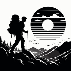 The image shows a person hiking in mountains. Cartoon Clipart Silhouette Vector Illustration Line Art Illustration. .
