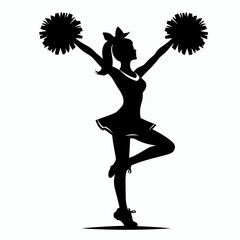 The silhouette of a cheerleader with pom poms in her. Cartoon Clipart Vector Illustration Line Art Illustration. Dark figure spirited team member fluffy hand decorations at her.