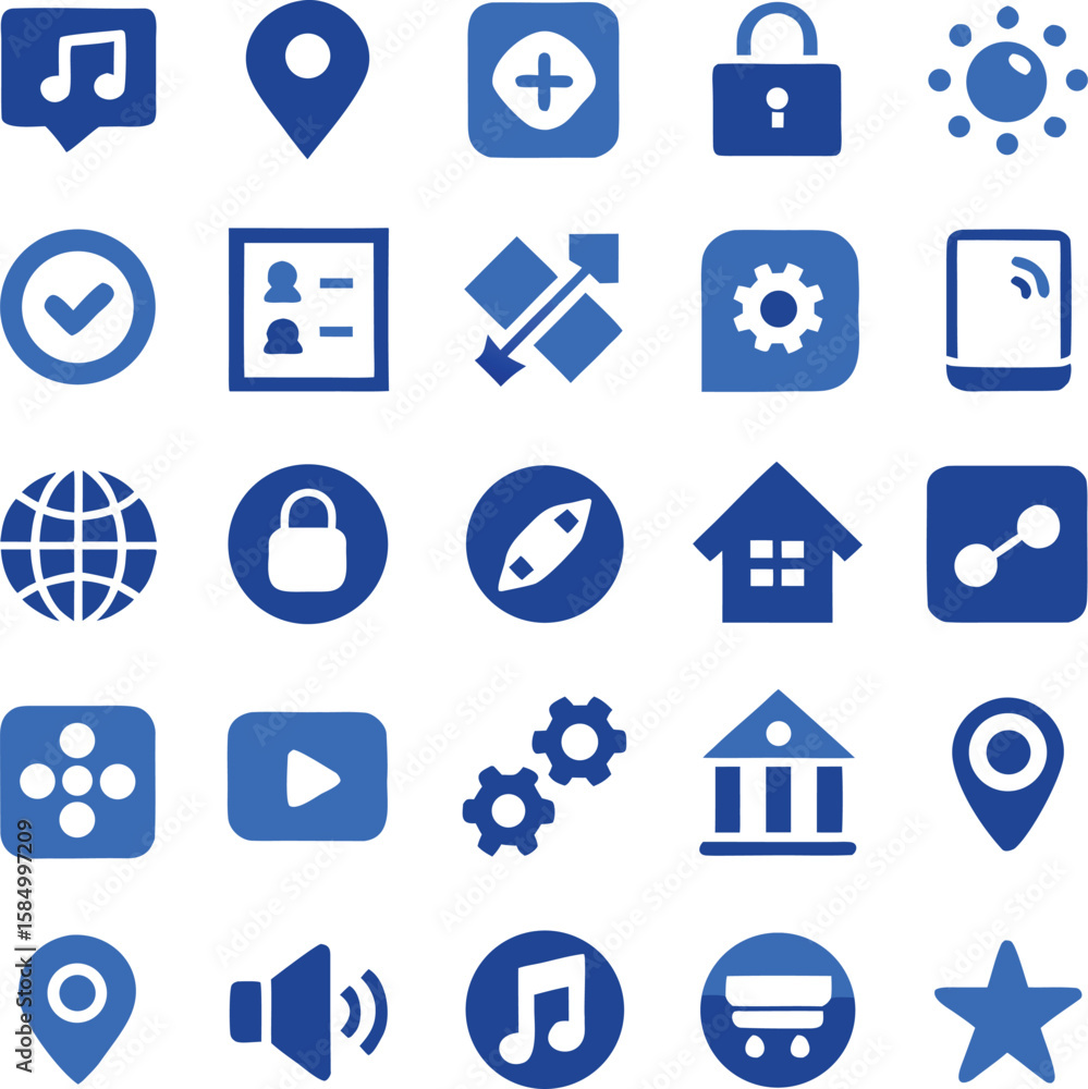 Poster collection of blue digital icons representing various functions like music location security setting