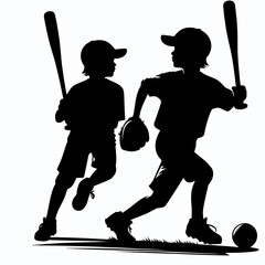 Two kids playing. Cartoon Clipart Silhouette Vector Illustration Line Art Illustration. Young children recreation fun game amusement outdoor activity.