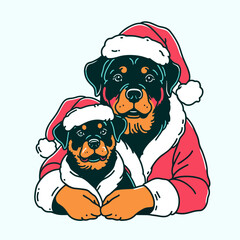 Two rottweilers wearing Santa. Cartoon Clipart Silhouette Vector Illustration Line Art Illustration. Canine duo in holiday attire rottweiler breed with santa costume apparel.