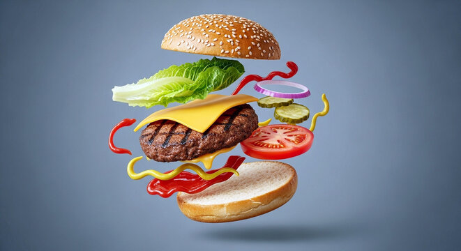 Hyperrealistic deconstructed burger with floating ingredients including brioche bun, grilled patty, lettuce, cheese, tomato, onion, and condiments suspended mid-air in a gourmet food explosion - Powered by Adobe