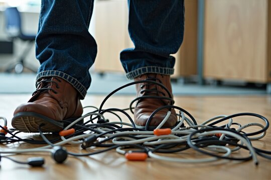 Capturing the Chaos: A Photo of Someone Tripping Over a Tangled Mess of Wire Cords