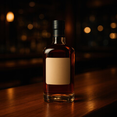 Bottle of amber whiskey sits elegantly on polished bar counter, illuminated by soft ambient lighting, creating warm and inviting atmosphere. blank label invites curiosity and imagination