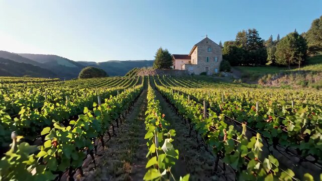 arafed vineyard with a church in the background and a field of vines