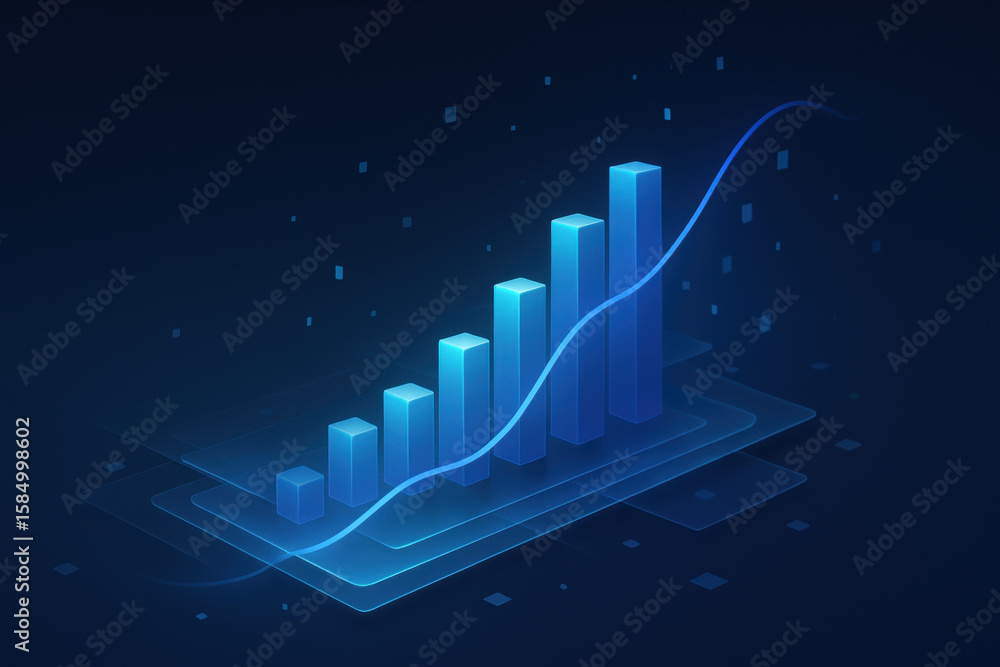 Poster futuristic financial data visualization showcases sleek, modern design with ascending bar graphs and
