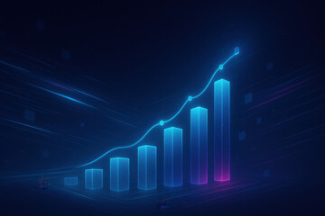 Futuristic data visualization with glowing bar graphs representing growth and progress in digital space. vibrant colors and sleek design evoke sense of innovation and technology