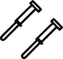 Two black outline icons of a t shaped tool possibly a hammer or a specialized instrument are diagonally positioned on a white background