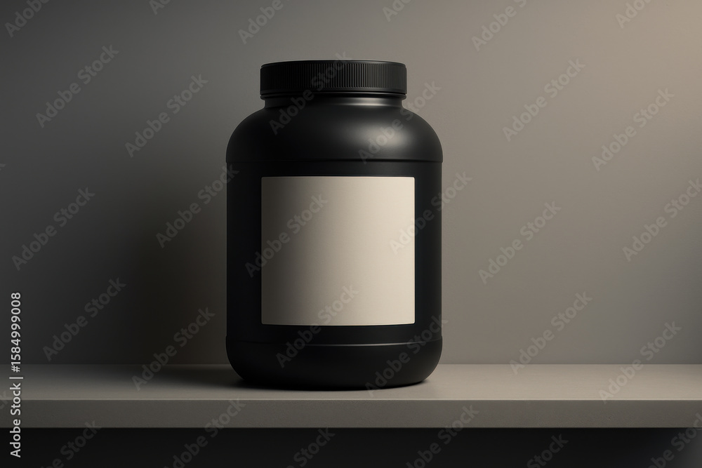 Poster minimalist black supplement container sits on shelf against neutral background, showcasing its sleek