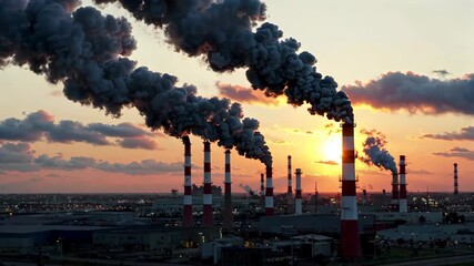 smoke billowing from a factory chimney at sunset