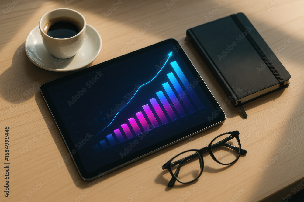Poster organized desk featuring financial dashboard on tablet, showcasing colorful graph. cup of coffee and