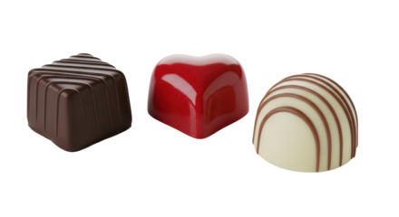 Delightful trio of artisan chocolates showcases rich dark, creamy white, and vibrant red confectionery delights against a transparent background.